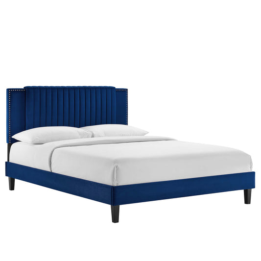 Zirelle Upholstered Velvet Full Platform Bed, Navy
