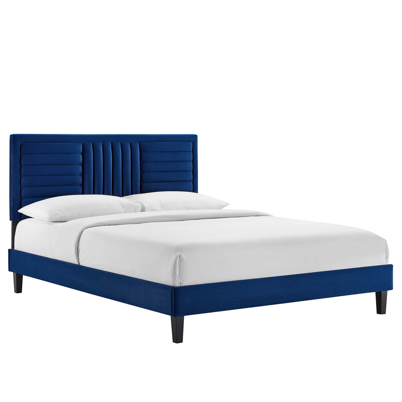 Selphie Upholstered Velvet Full Platform Bed, Navy