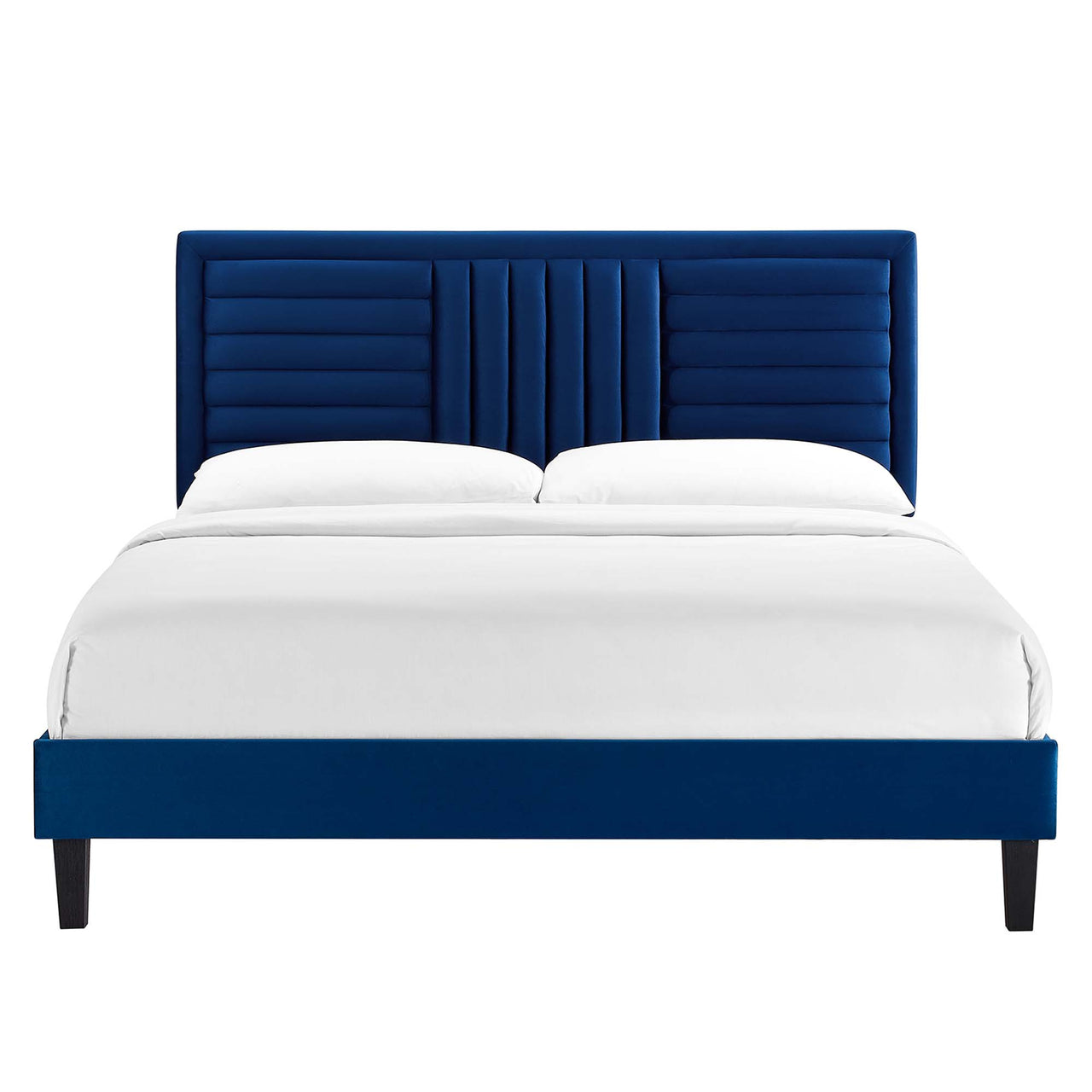 Selphie Upholstered Velvet Full Platform Bed, Navy