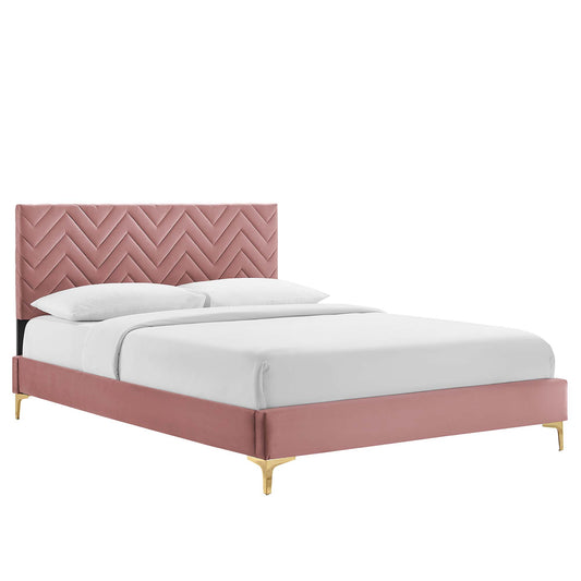 Traverse Upholstered Velvet King Platform Bed, Dusty Rose & Gold