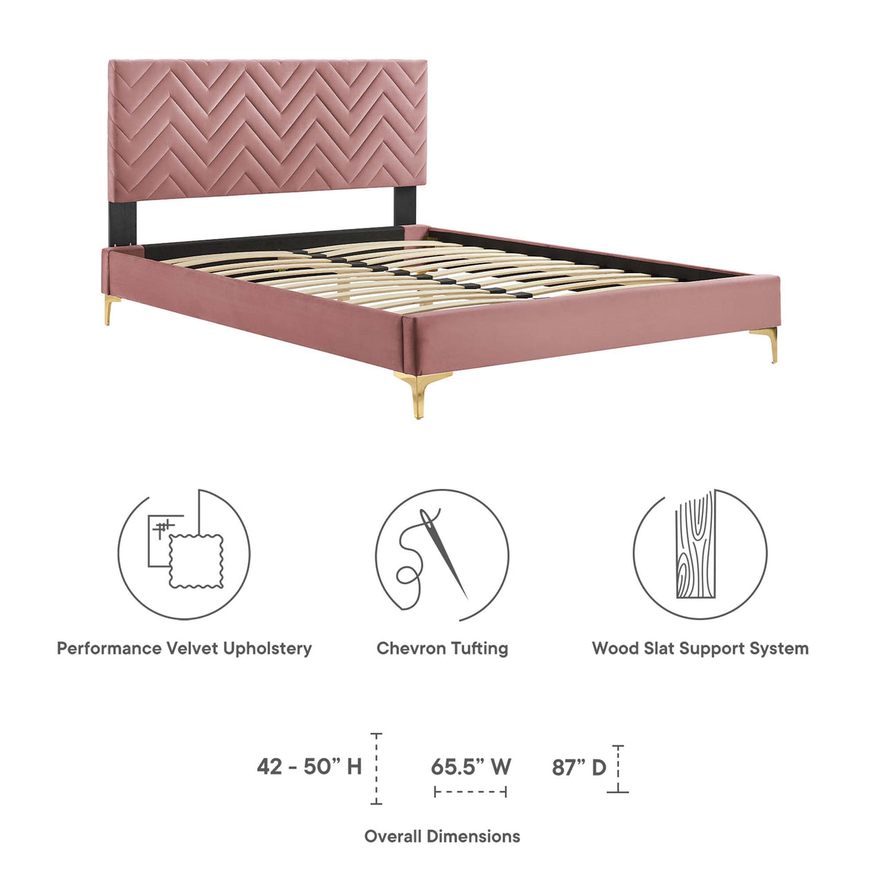 Traverse Upholstered Velvet King Platform Bed, Dusty Rose & Gold