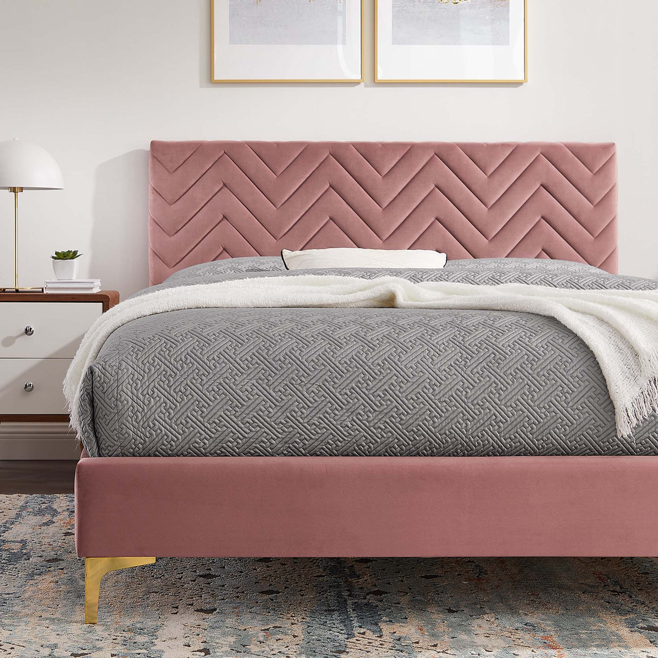 Traverse Upholstered Velvet King Platform Bed, Dusty Rose & Gold