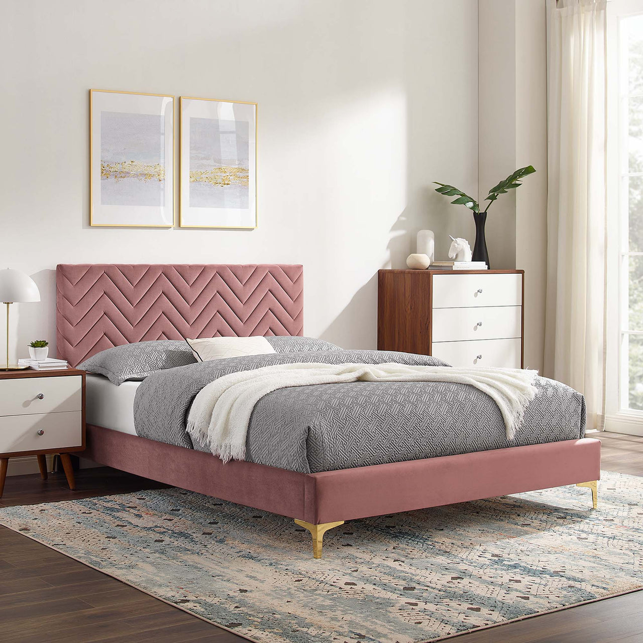 Traverse Upholstered Velvet King Platform Bed, Dusty Rose & Gold