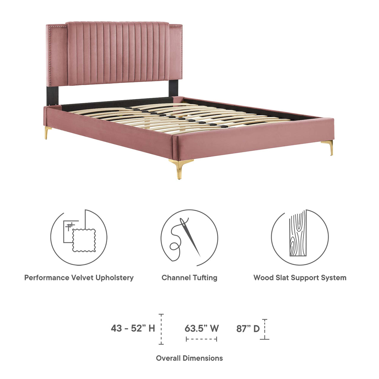 Zirelle Upholstered Velvet King Platform Bed, Dusty Rose