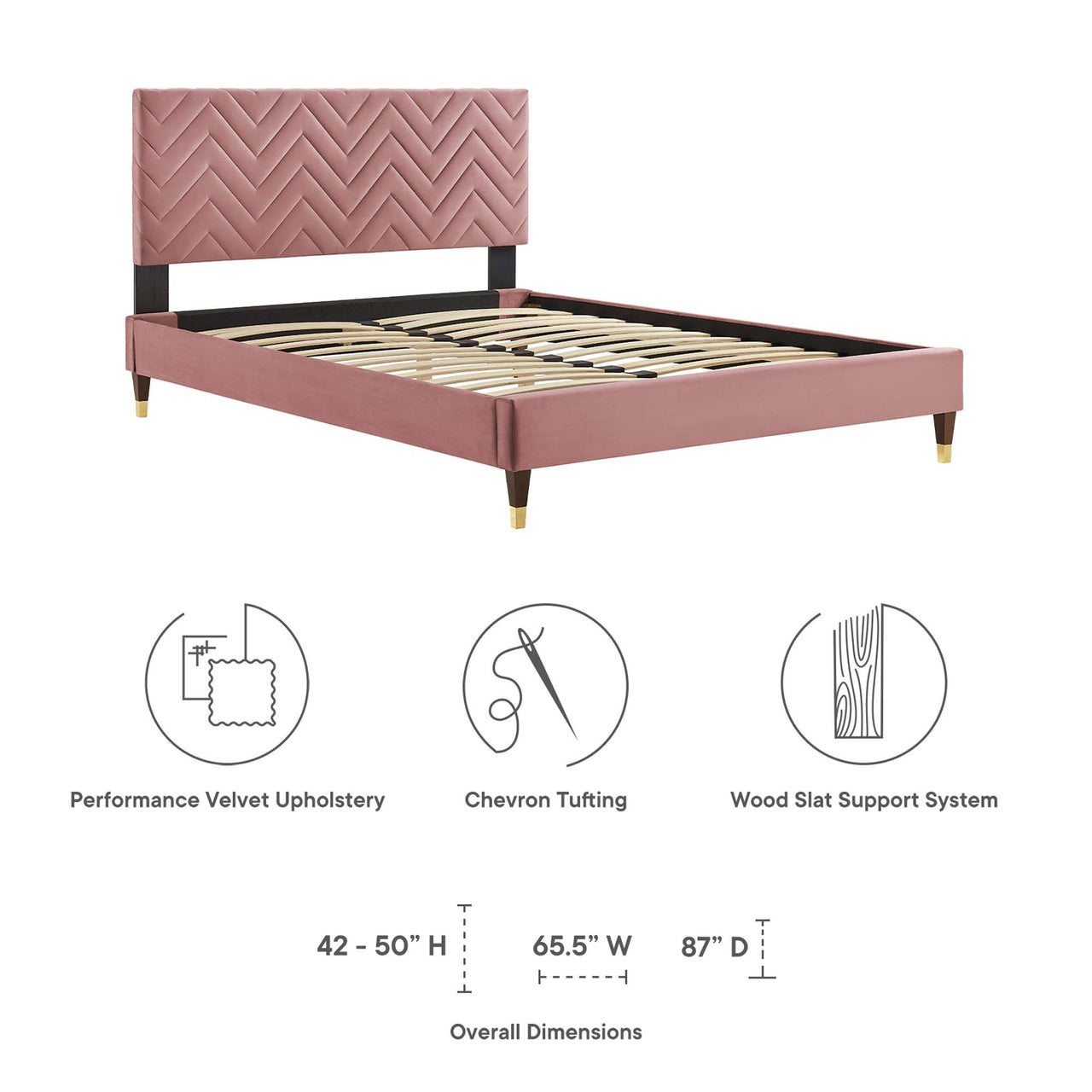 Traverse Upholstered Velvet King Platform Bed, Dusty Rose