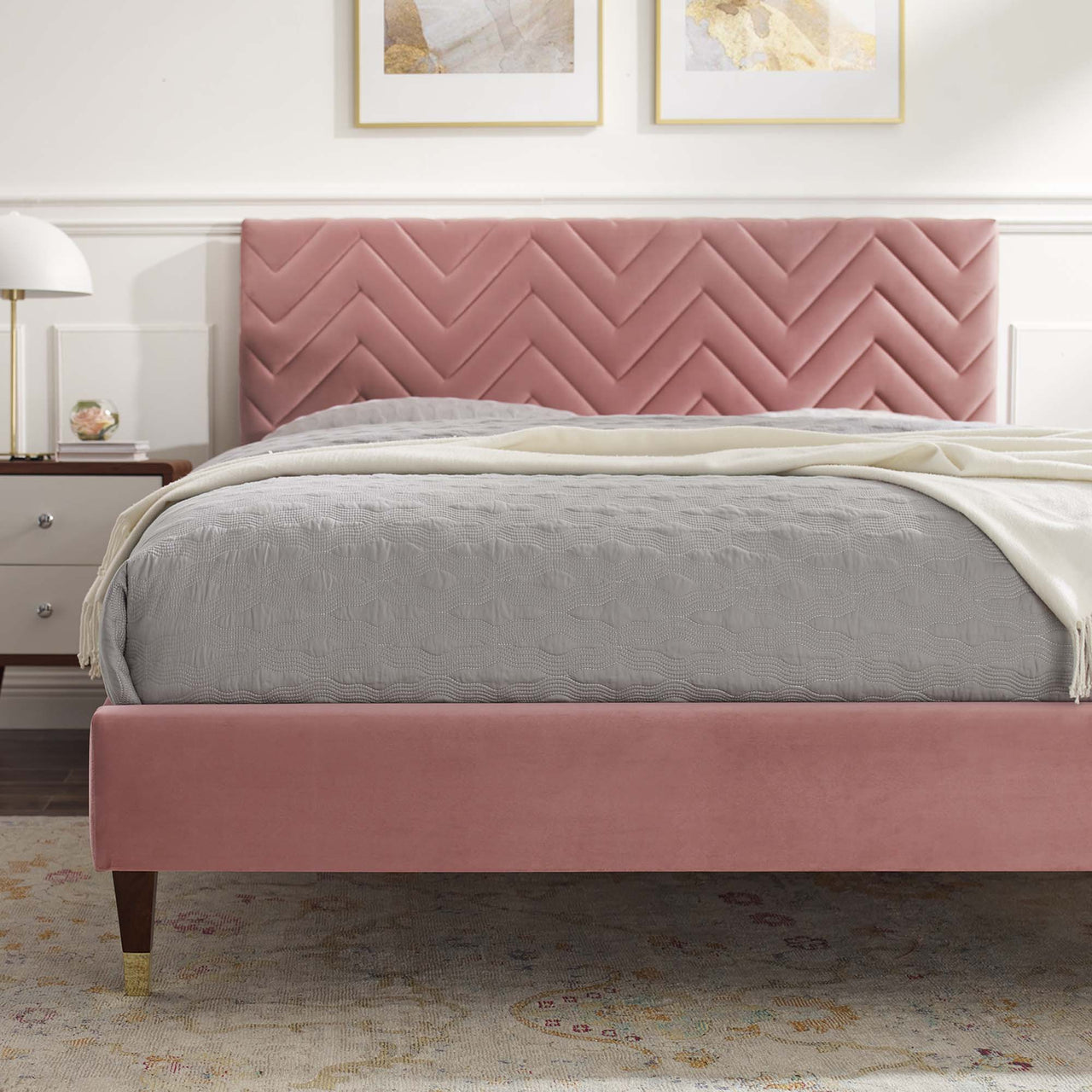 Traverse Upholstered Velvet King Platform Bed, Dusty Rose