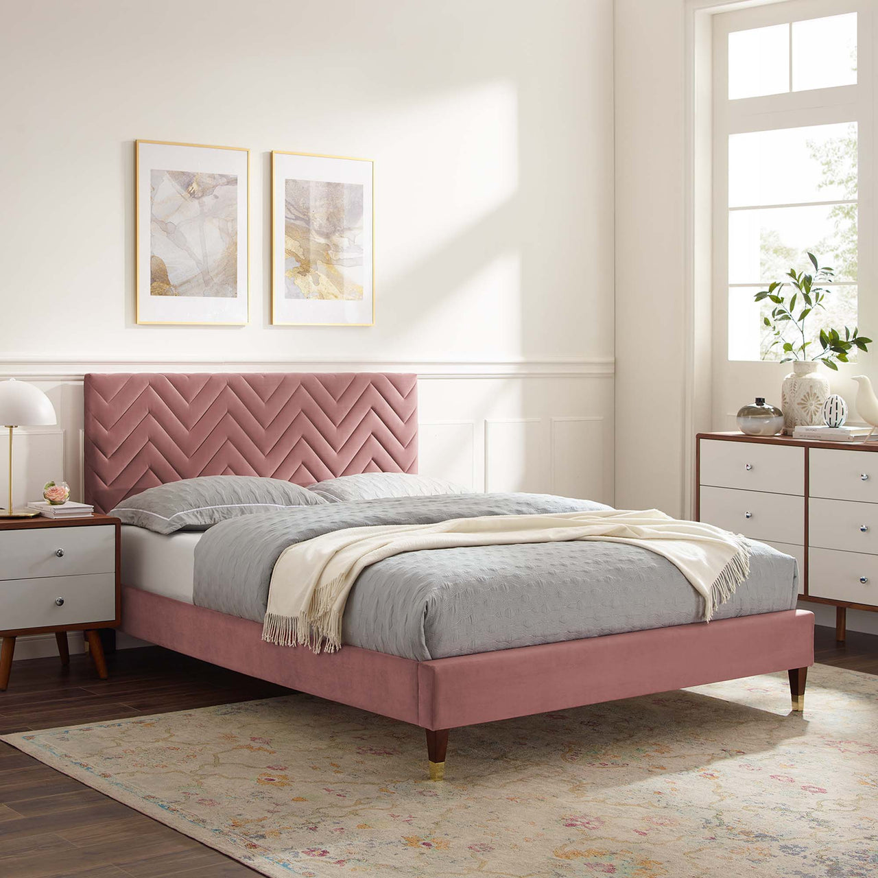 Traverse Upholstered Velvet King Platform Bed, Dusty Rose