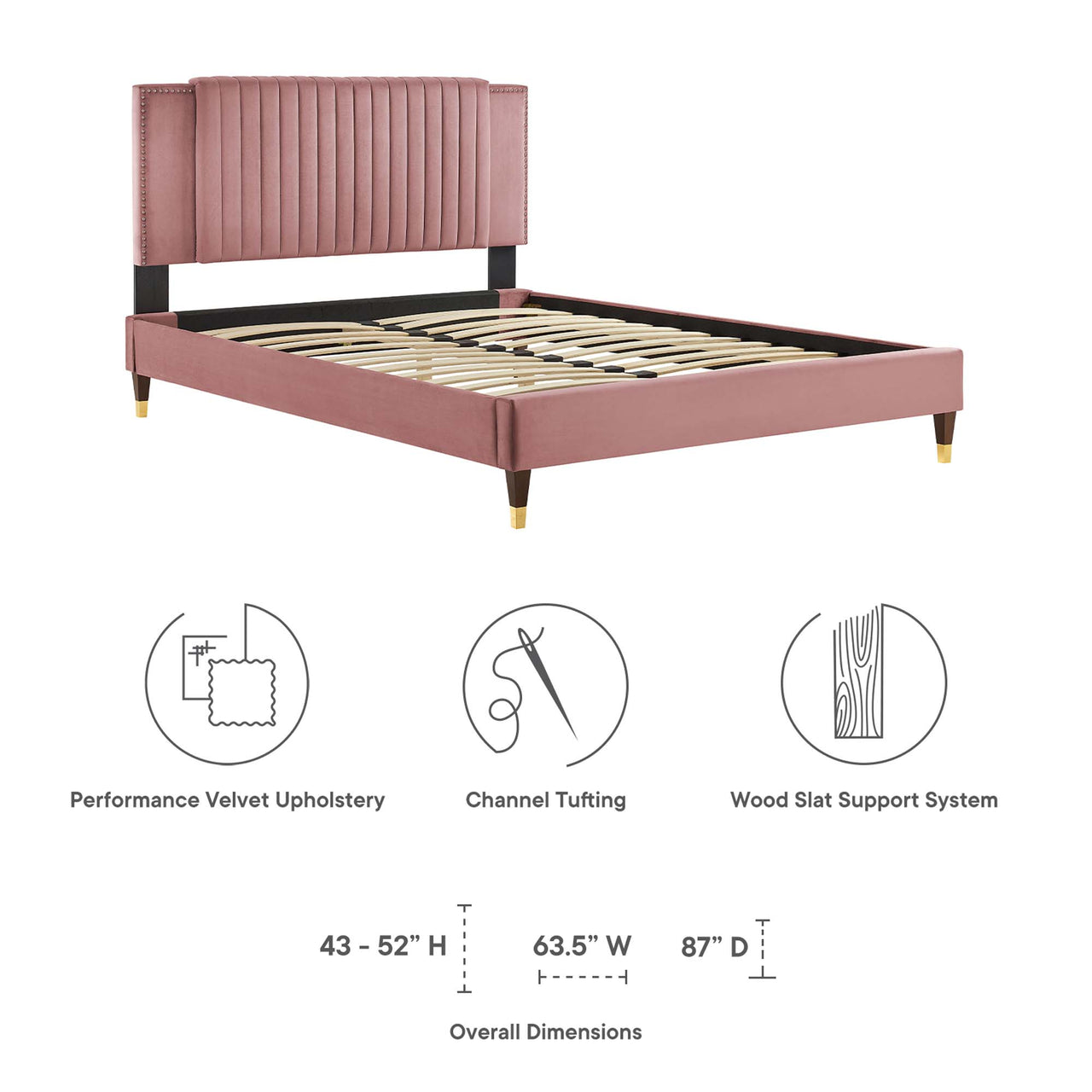 Zirelle Upholstered Velvet King Platform Bed, Dusty Rose