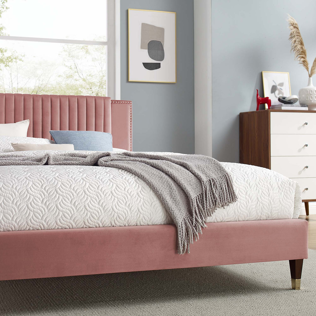 Zirelle Upholstered Velvet King Platform Bed, Dusty Rose
