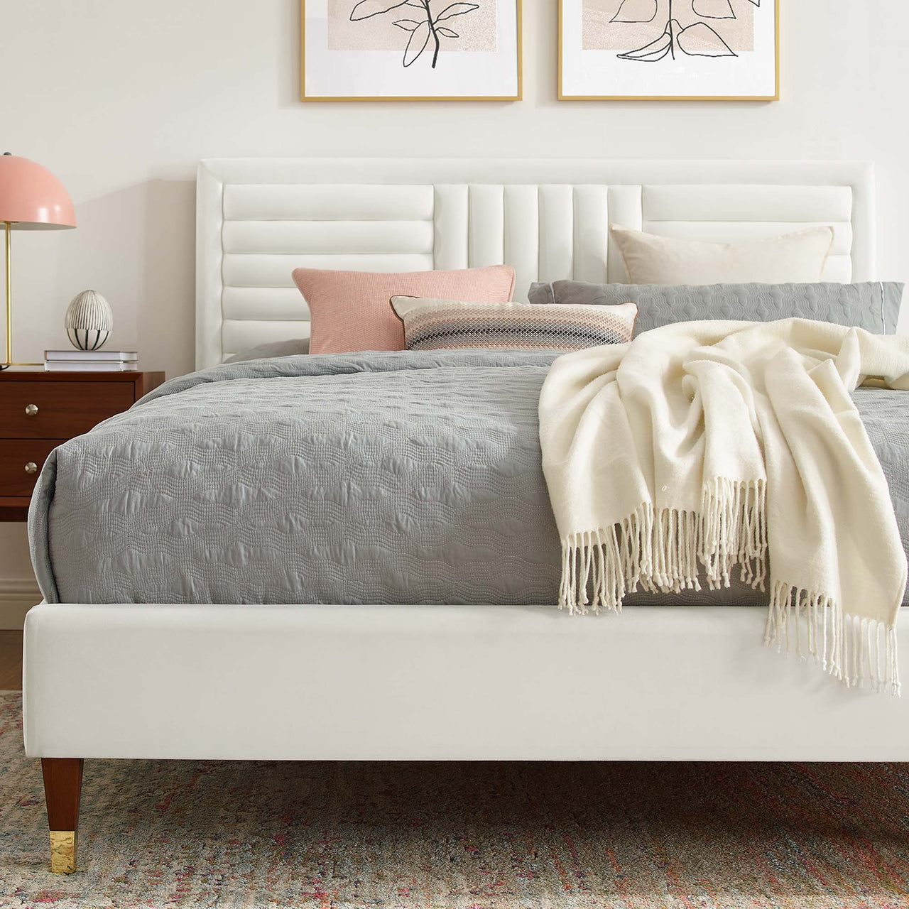 Selphie Upholstered Velvet King Platform Bed, White