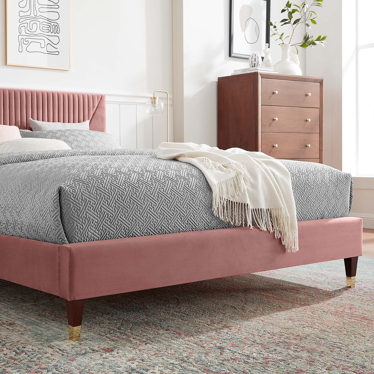 Seraphine Velvet King Platform Bed, Dusty Rose