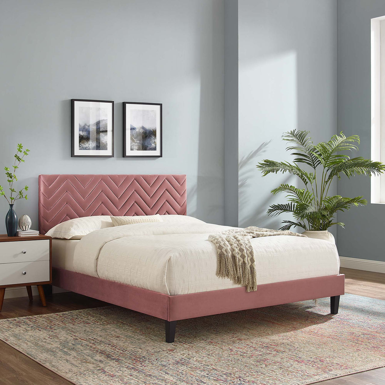 Traverse Upholstered Velvet King Platform Bed, Dusty Rose & Black