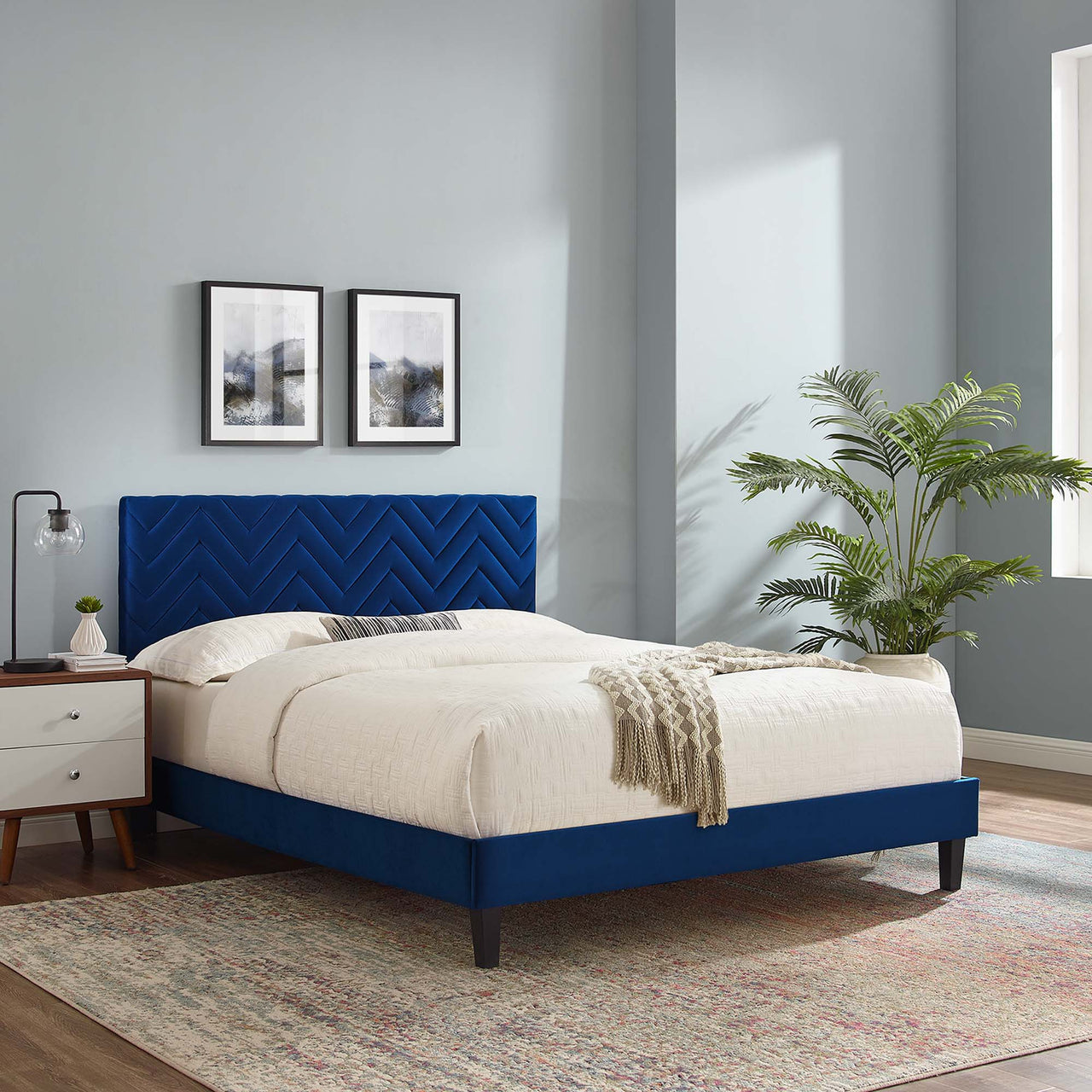 Traverse Upholstered Velvet King Platform Bed, Navy & Black
