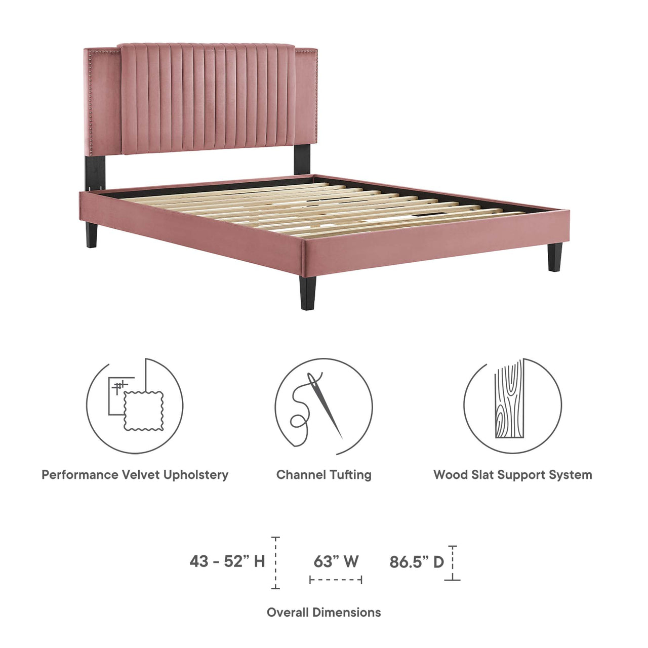 Zirelle Upholstered Velvet King Platform Bed, Dusty Rose