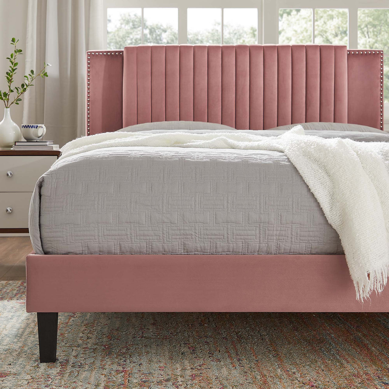 Zirelle Upholstered Velvet King Platform Bed, Dusty Rose