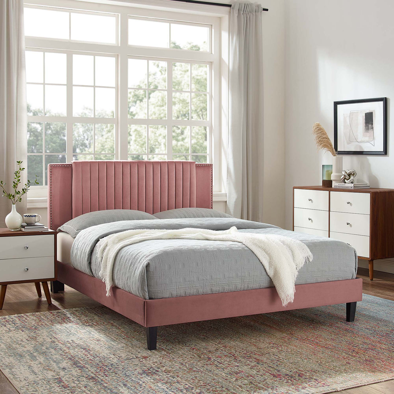 Zirelle Upholstered Velvet King Platform Bed, Dusty Rose