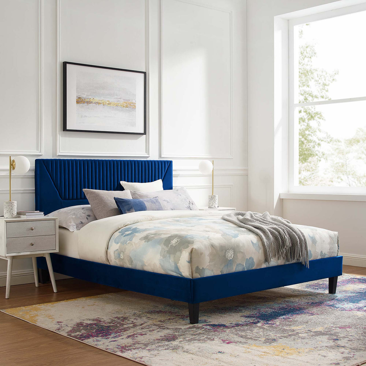 Seraphine Velvet King Platform Bed, Navy