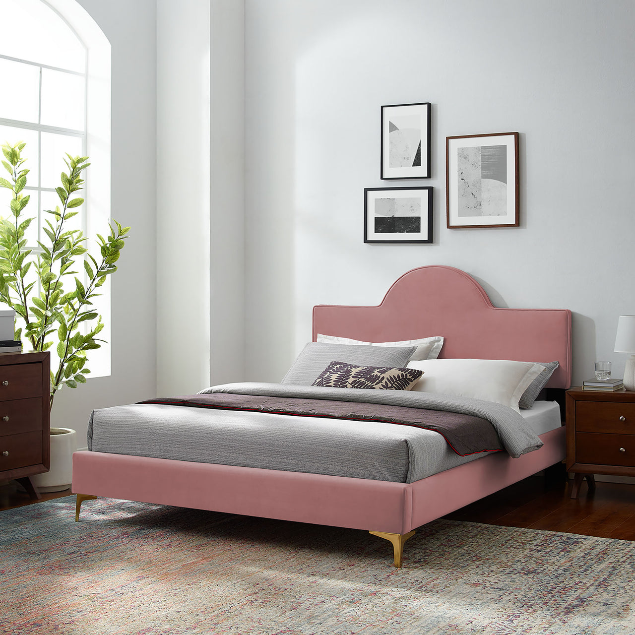 Twilight Upholstered Velvet Twin Bed, Dusty Rose