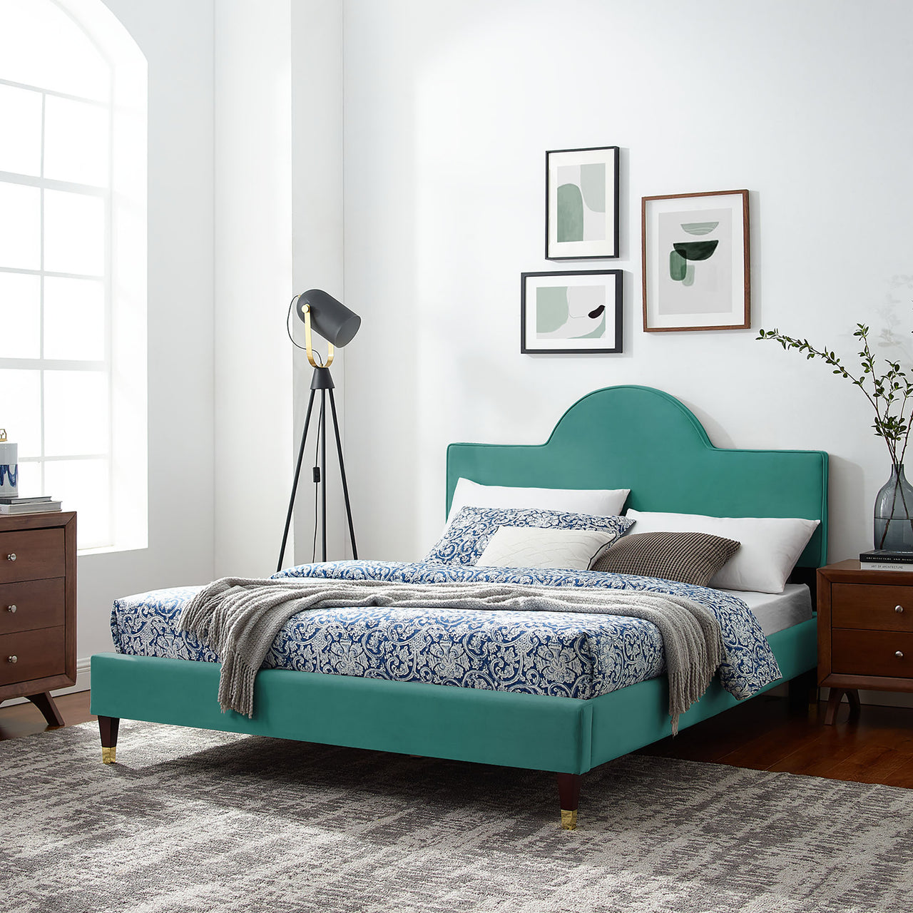 Arise Upholstered Velvet Full Bed, Teal