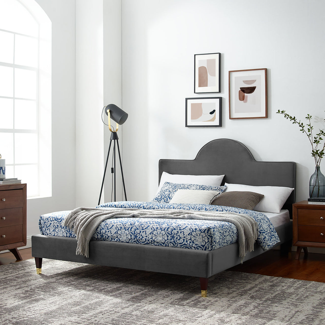 Arise Upholstered Velvet King Bed, Charcoal
