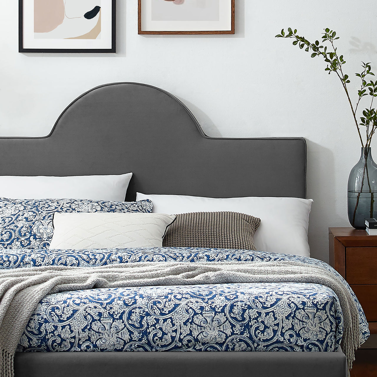 Arise Upholstered Velvet King Bed, Charcoal