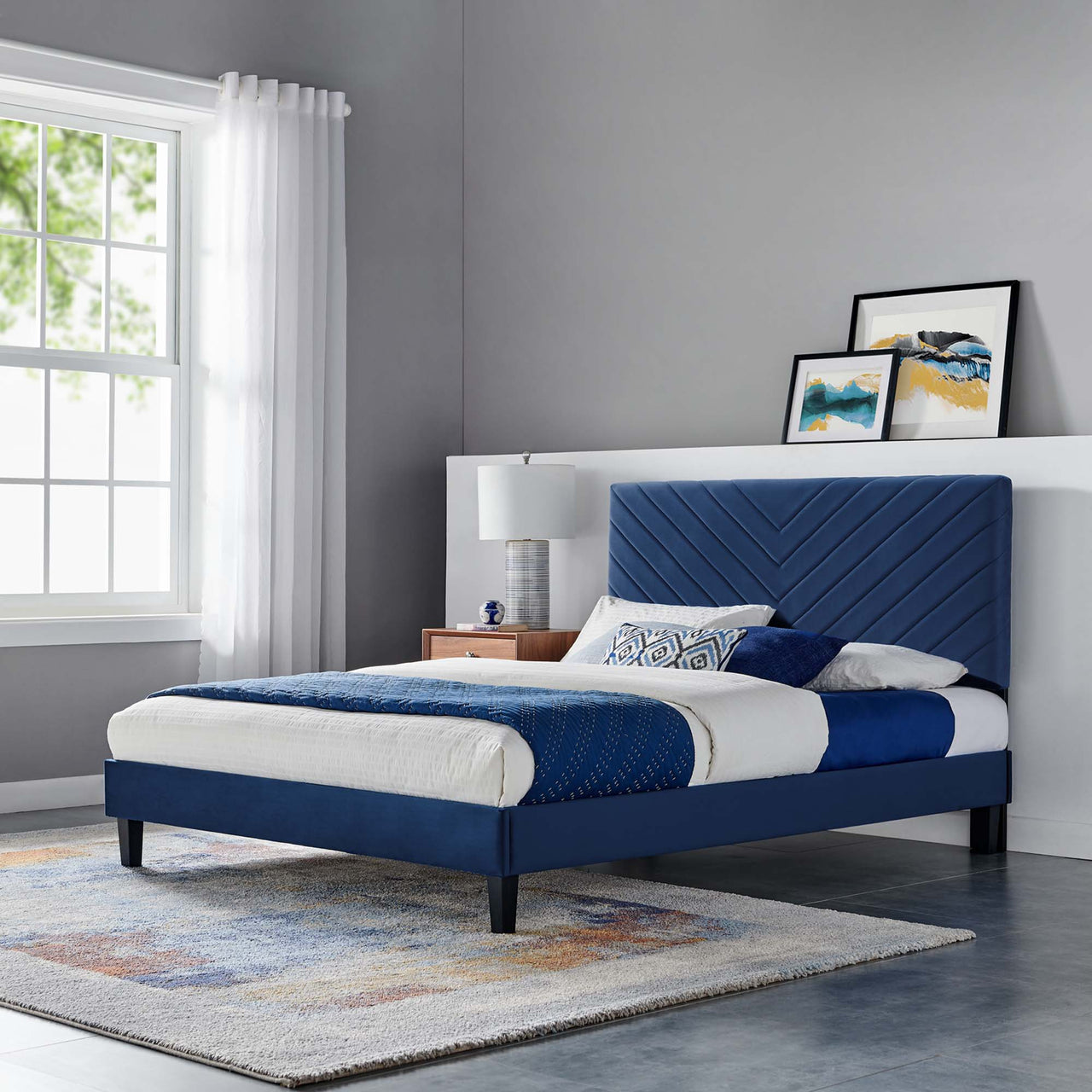 Empower Upholstered Velvet Full Platform Bed, Navy