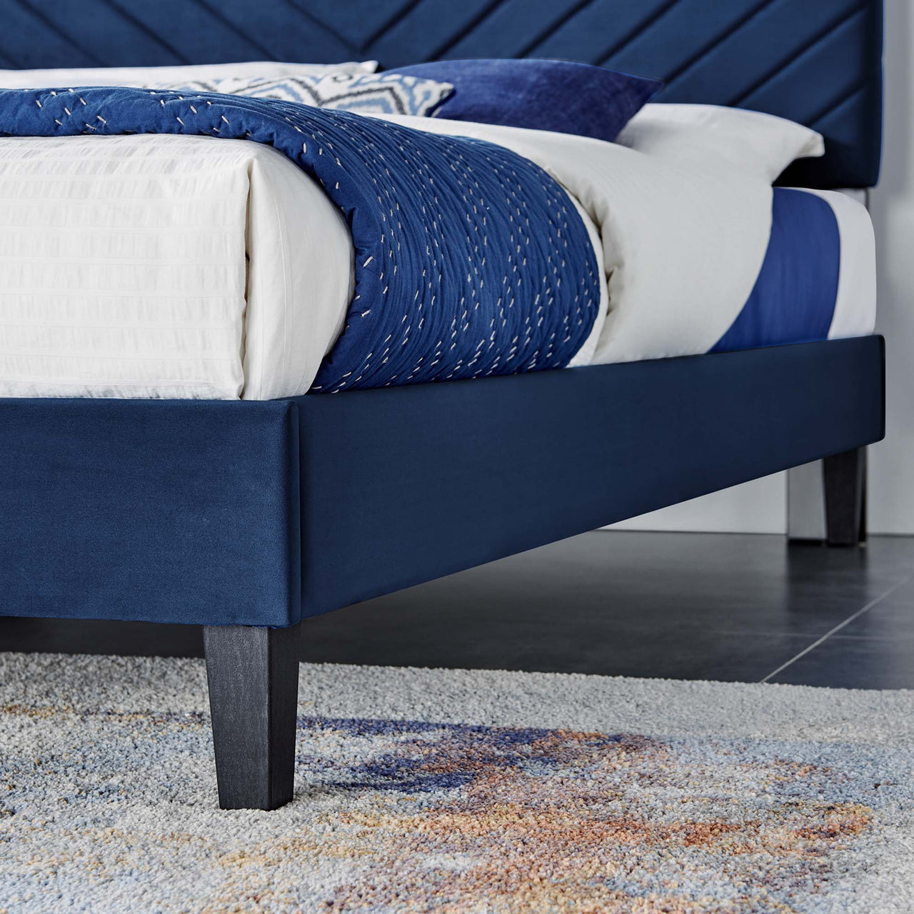 Empower Upholstered Velvet Full Platform Bed, Navy