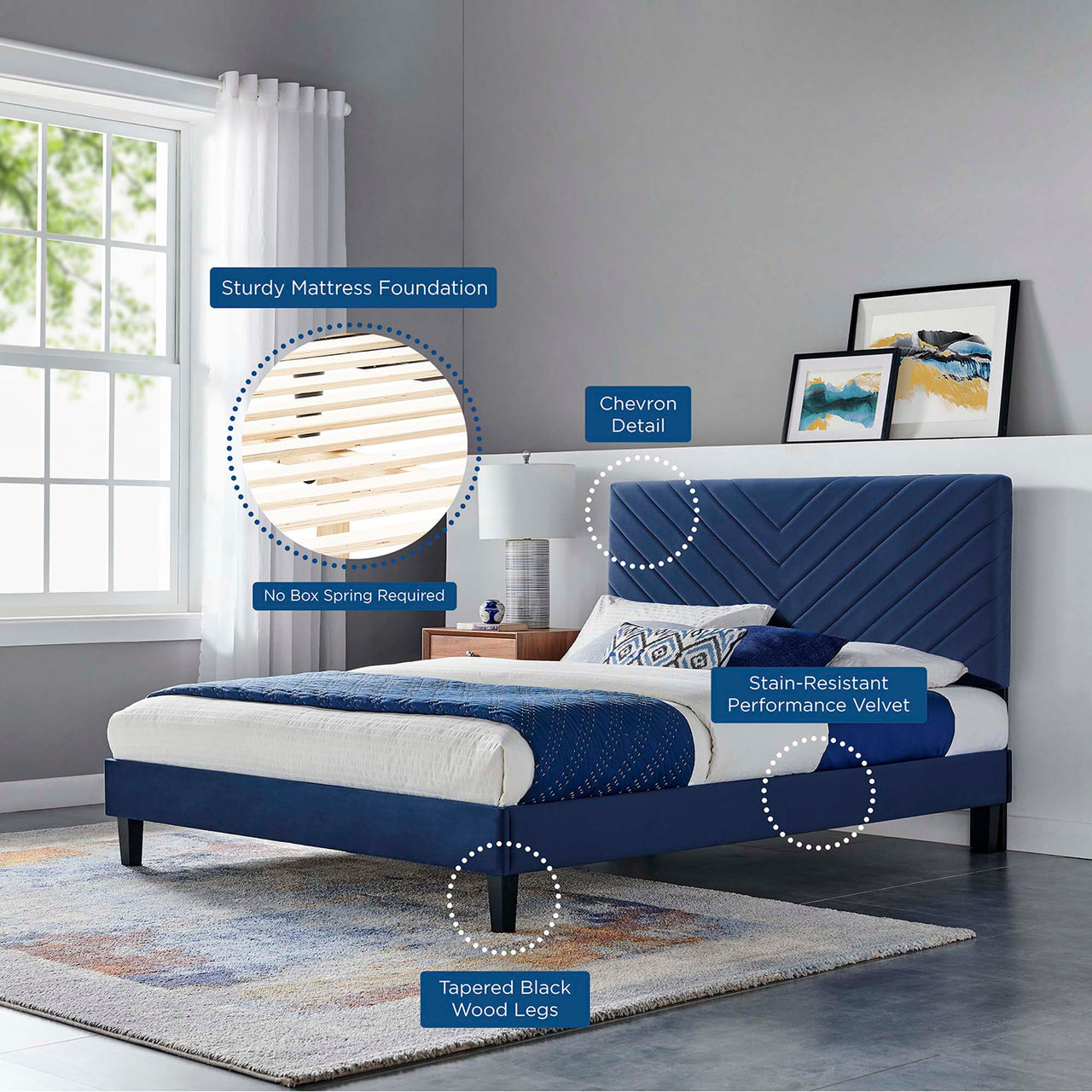 Empower Upholstered Velvet Full Platform Bed, Navy