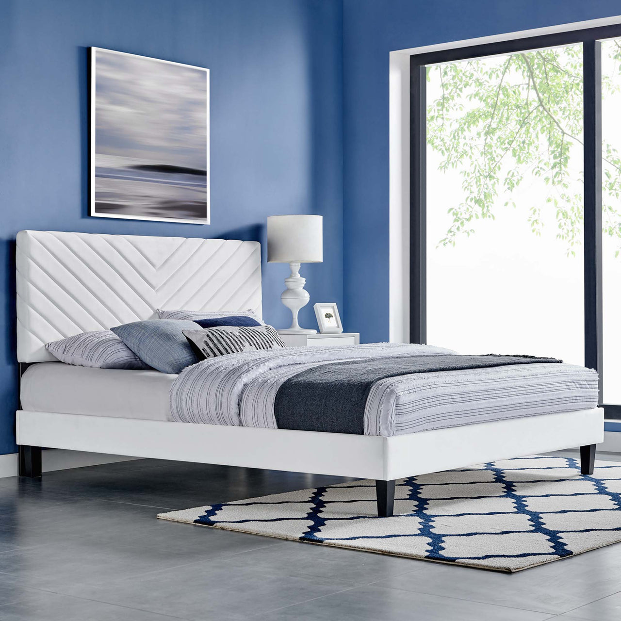 Empower Upholstered Velvet Full Platform Bed, White