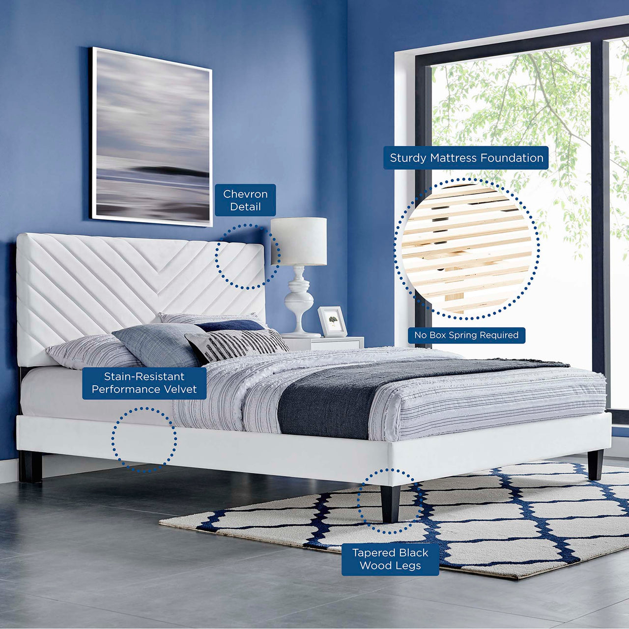 Empower Upholstered Velvet Full Platform Bed, White