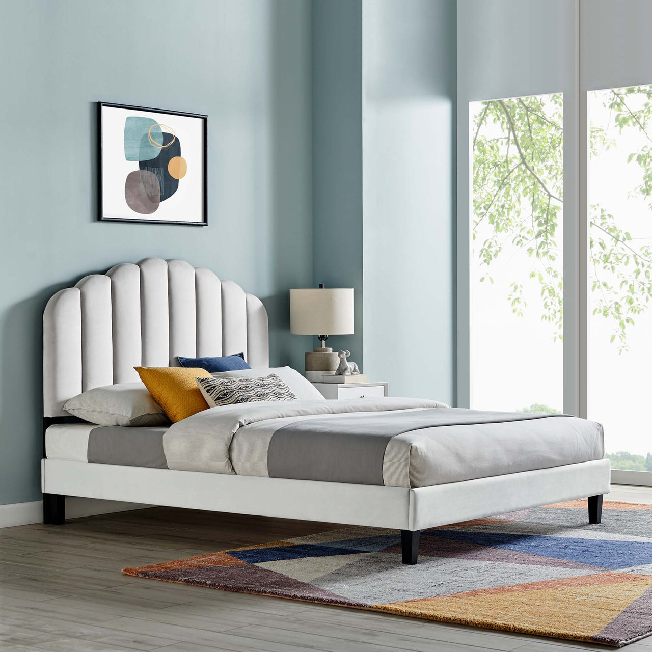 Tiara Velvet Full Platform Bed, Light Gray