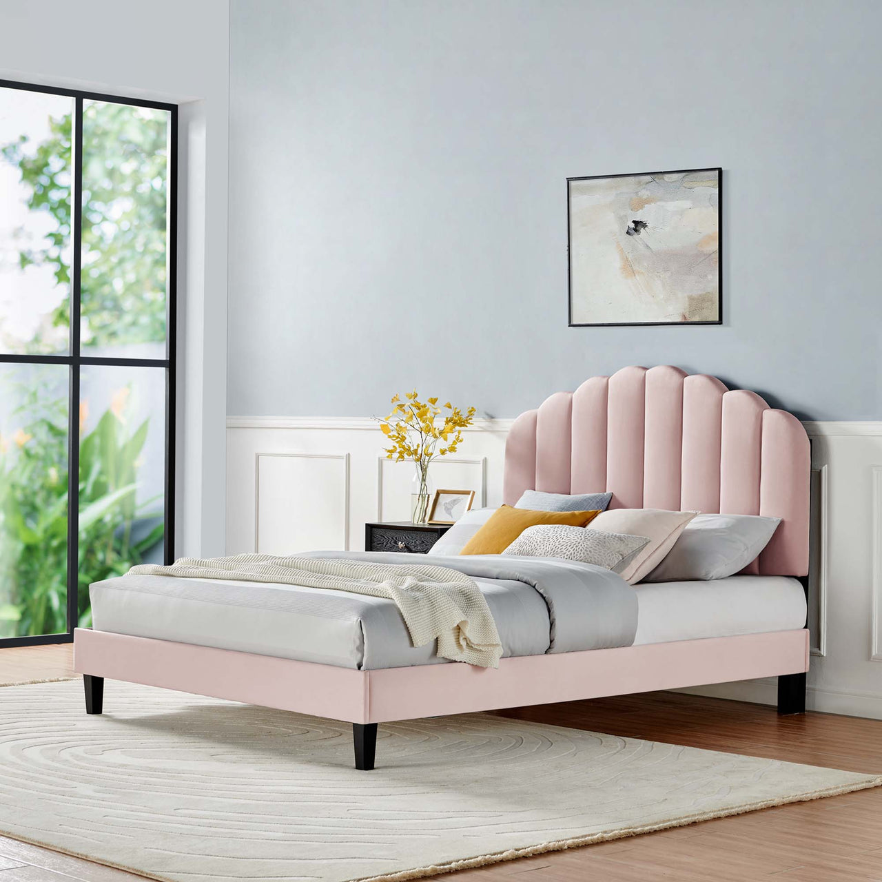 Tiara Velvet Full Platform Bed, Pink