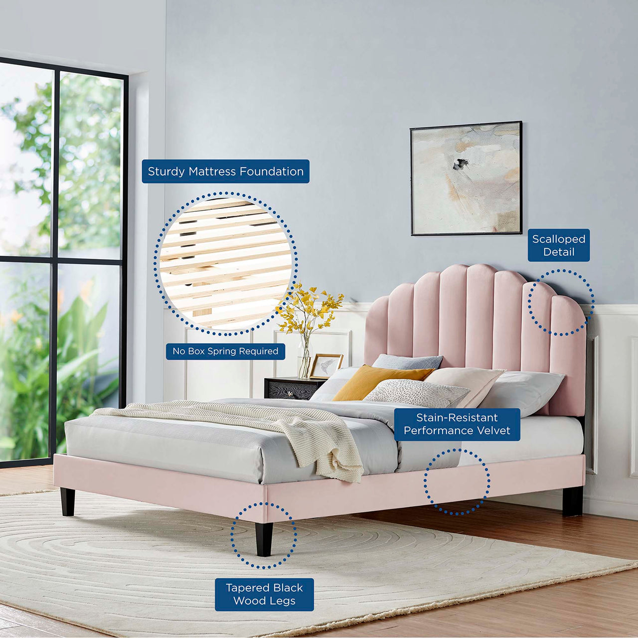 Tiara Velvet Full Platform Bed, Pink