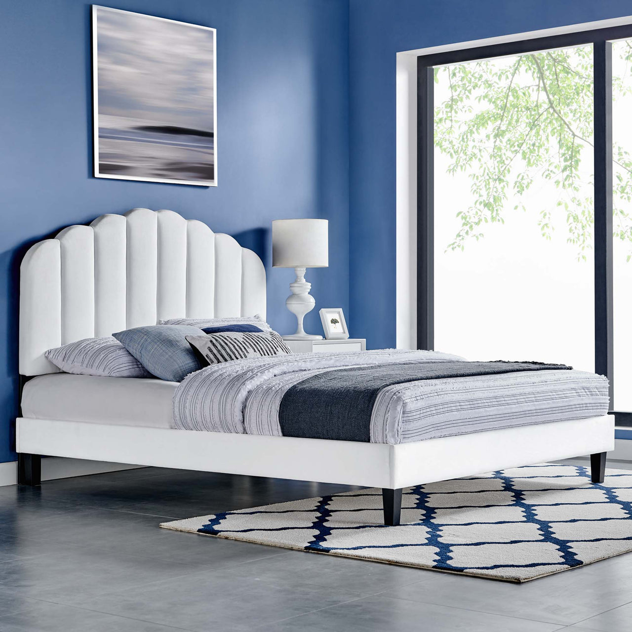 Tiara Velvet Full Platform Bed, White