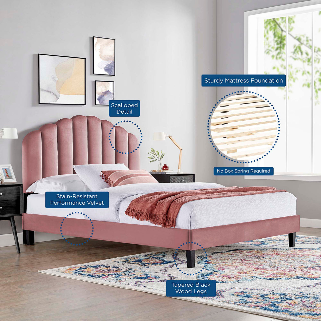 Tiara Velvet Twin Platform Bed, Dusty Rose