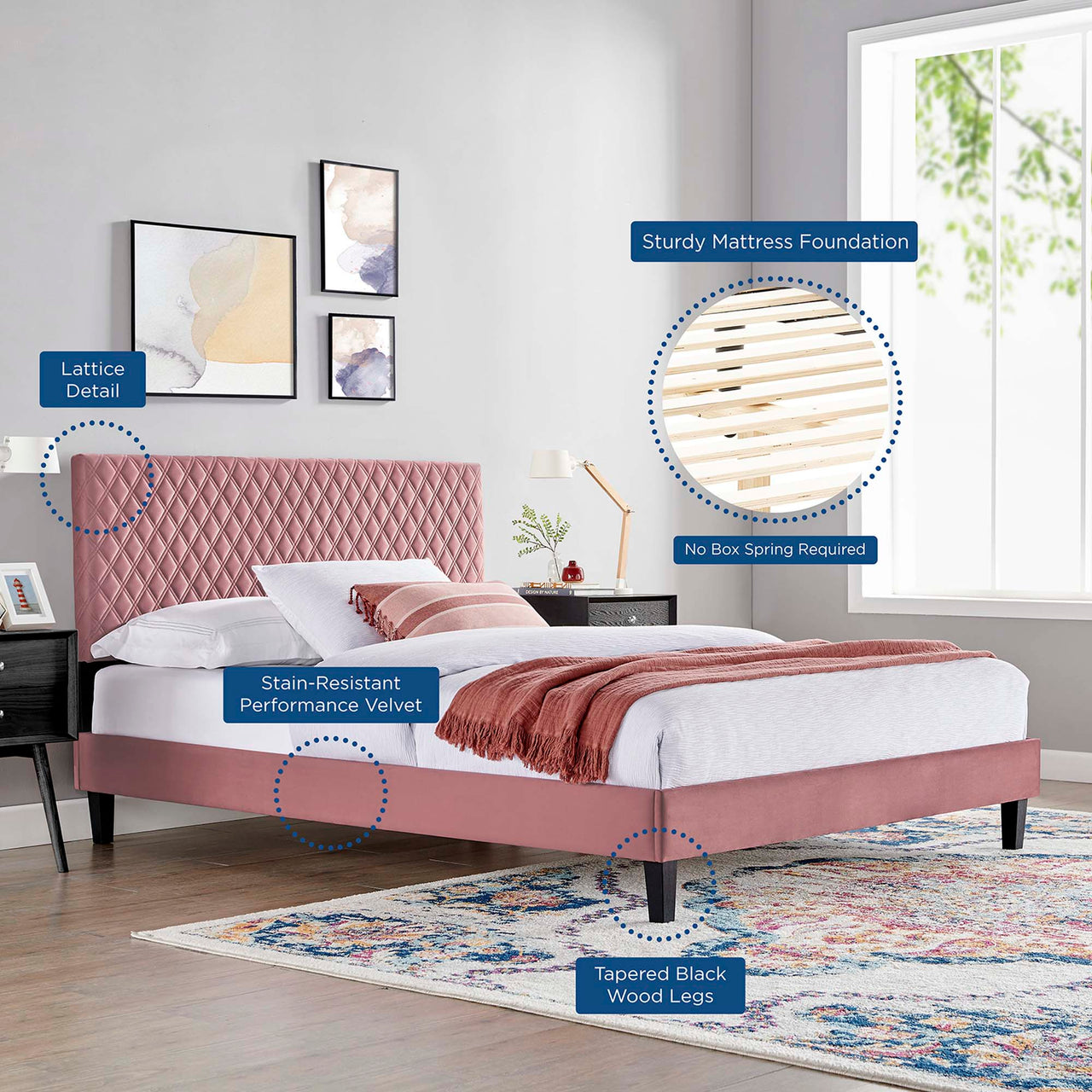 Aeravyn Upholstered Velvet King Platform Bed, Dusty Rose
