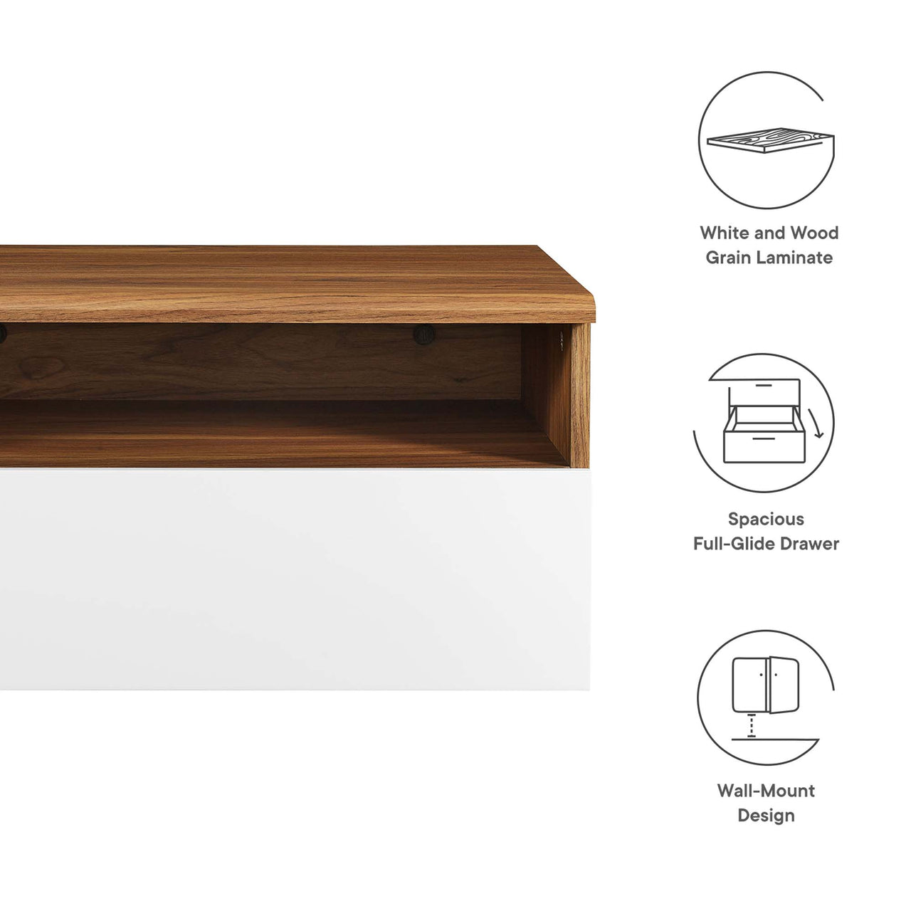 Lunel Wall Mount Nightstand, Walnut & White
