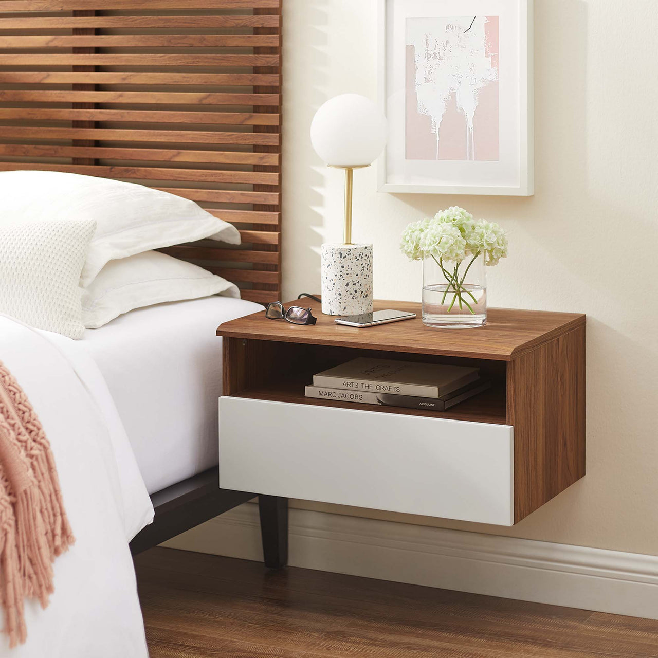 Lunel Wall Mount Nightstand, Walnut & White