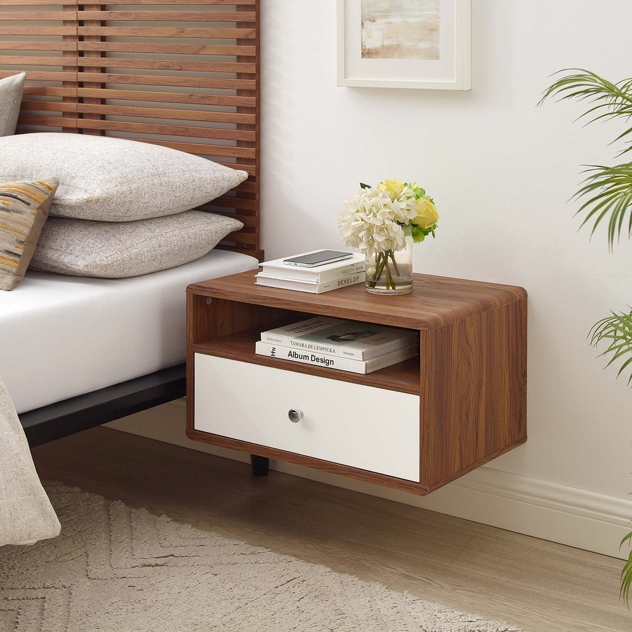 Erisen Floating Nightstand, Walnut & White