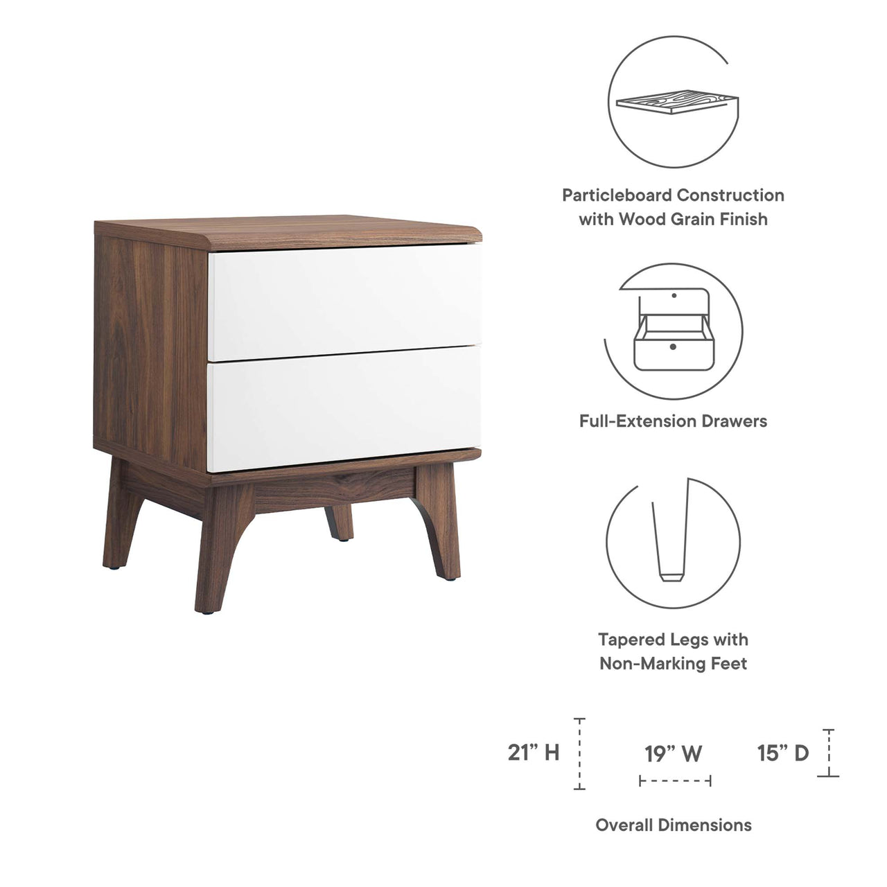 Lunel 2-Drawer Nightstand, Walnut & White
