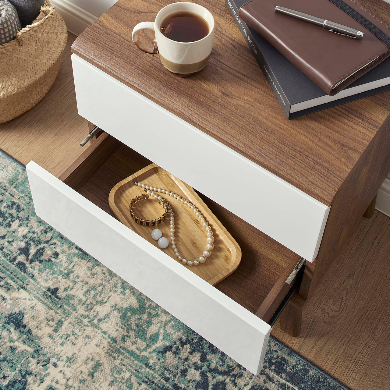 Lunel 2-Drawer Nightstand, Walnut & White