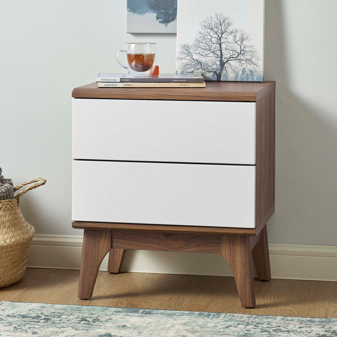 Lunel 2-Drawer Nightstand, Walnut & White