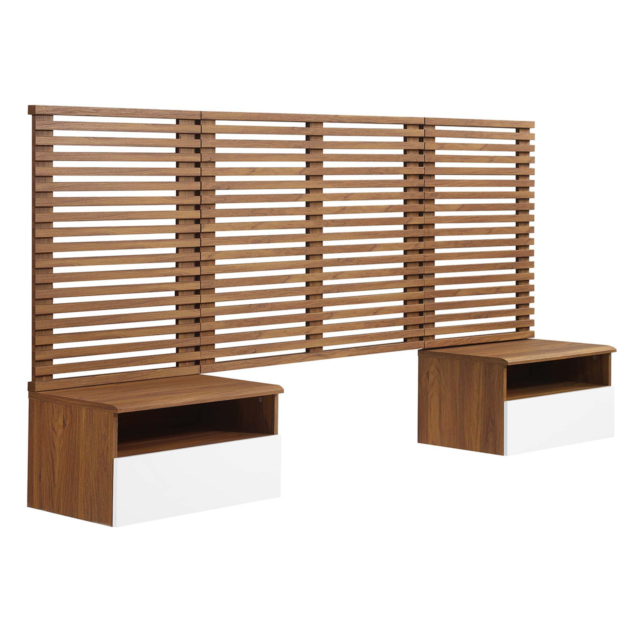 Ventra Wall Mount Twin Headboard and Modern Nightstands, Walnut