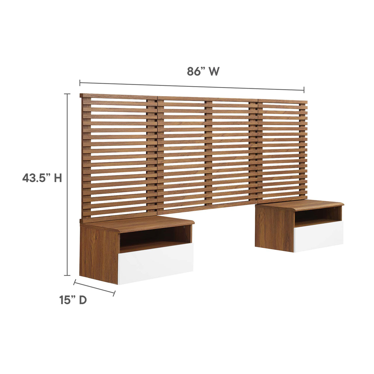 Ventra Wall Mount Twin Headboard and Modern Nightstands, Walnut