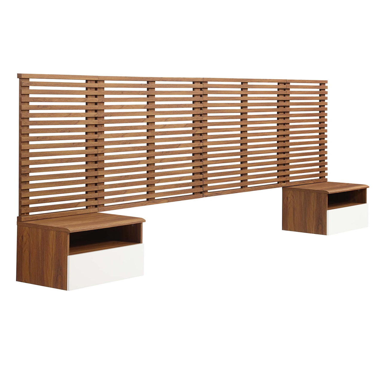 Ventra Wall Mount King Headboard and Modern Nightstands, Walnut