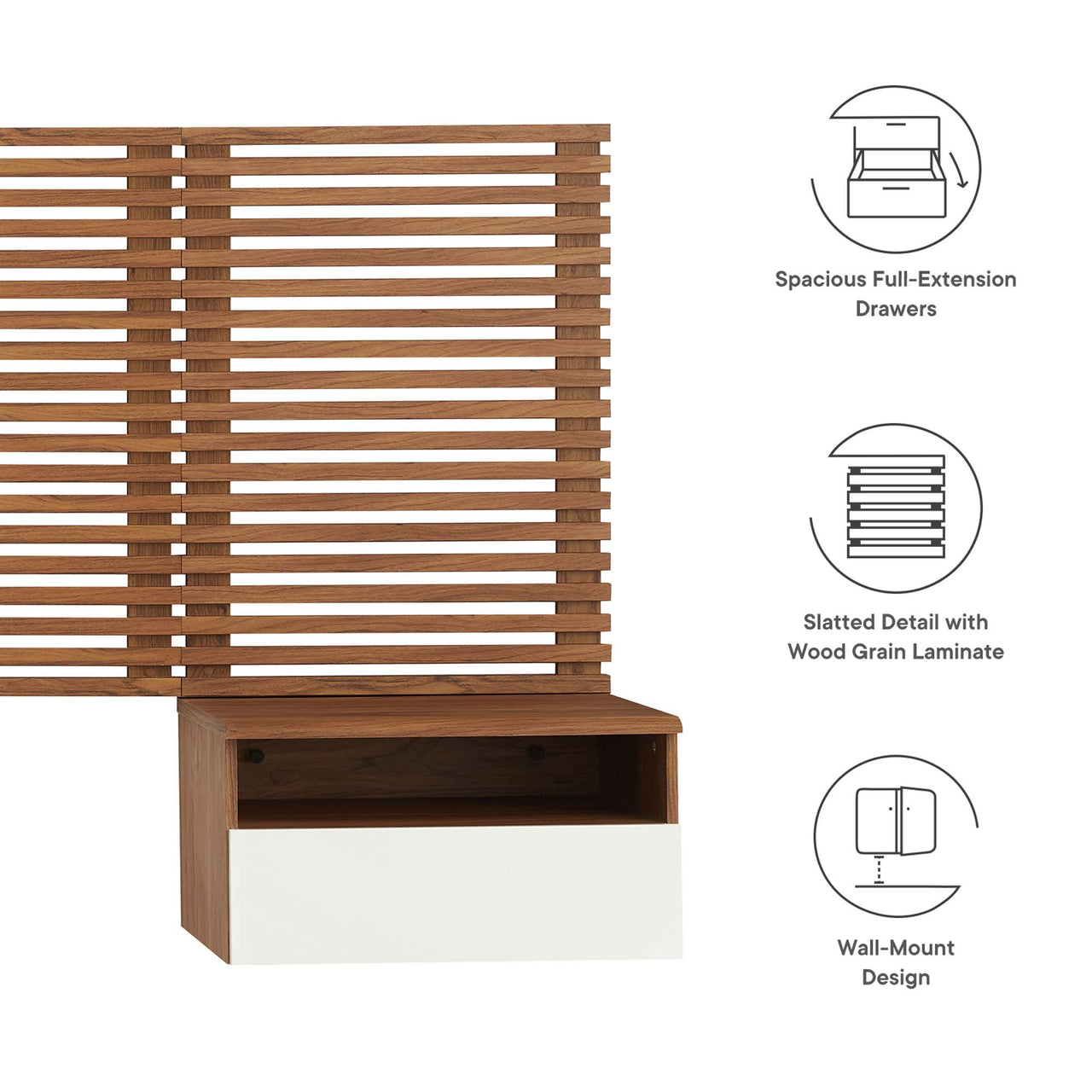 Ventra Wall Mount King Headboard and Modern Nightstands, Walnut