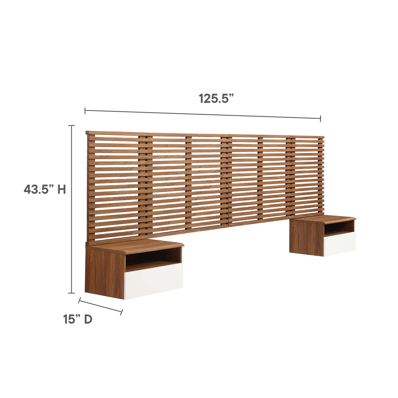 Ventra Wall Mount King Headboard and Modern Nightstands, Walnut