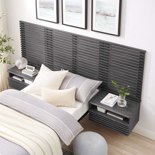 Ventra Wall Mount Twin Headboard and Modern Nightstands, Charcoal