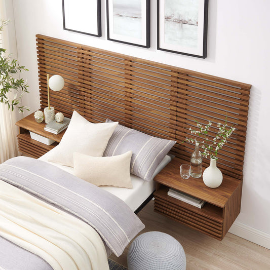 Ventra Wall Mount Twin Headboard and Modern Nightstands, Walnut