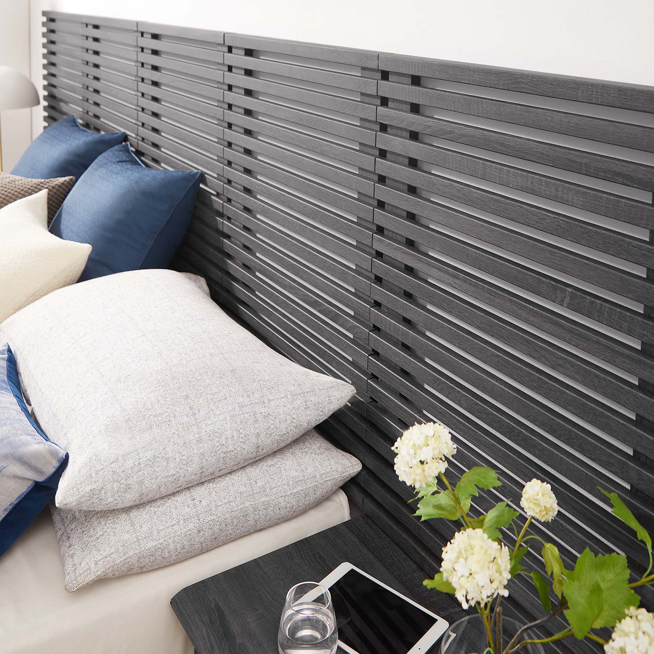Ventra Wall Mount Queen Headboard and Modern Nightstands, Charcoal